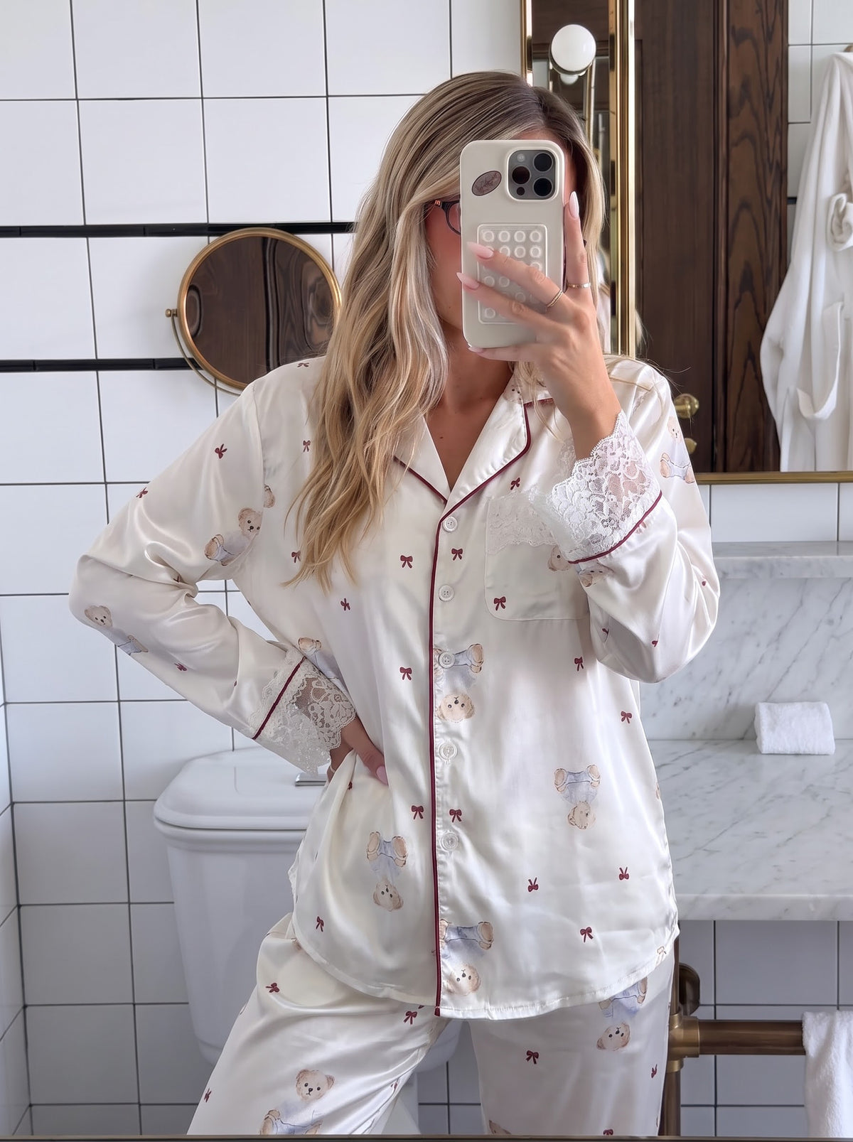 Woman wearing the Ivory Lace Trim Silky Pajama Set by Morning Lace