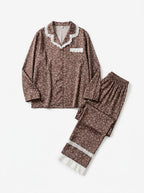 Brown Floral Lace Trim Linen Pajama Set