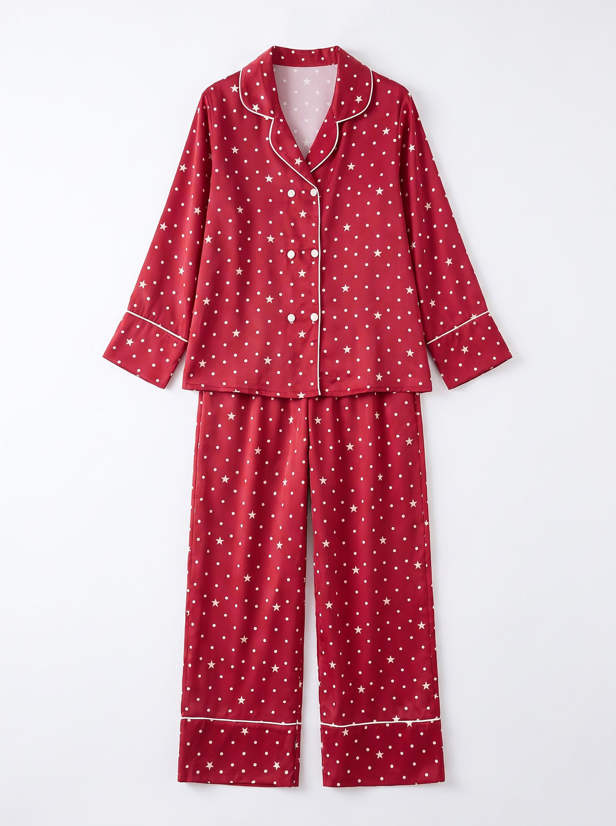 Burgundy Star Print Silky Pajama Set
