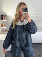 Woman wearing the Navy Gingham Lace Collar Pajama Set by Morning Lace
