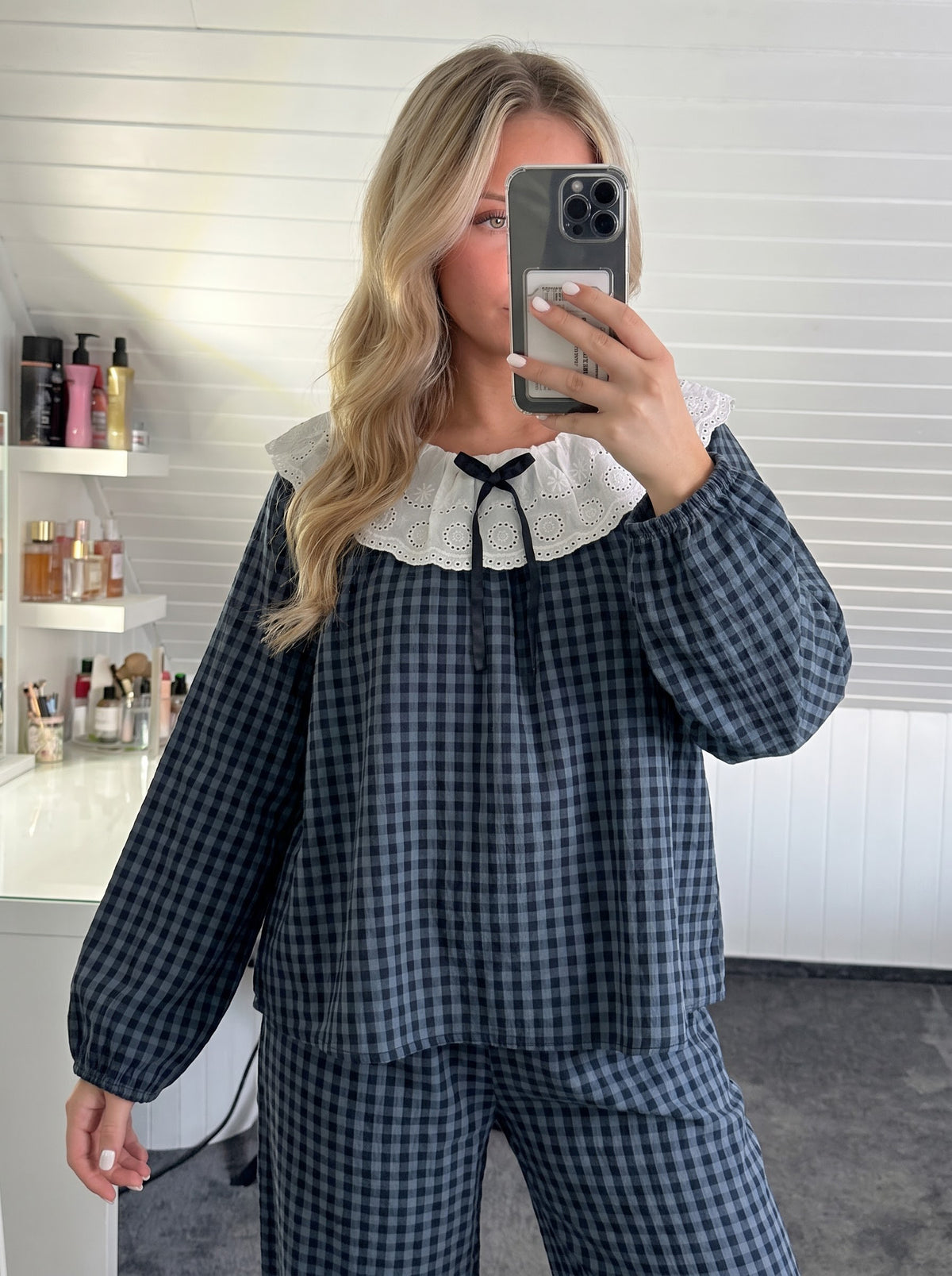 Woman wearing the Navy Gingham Lace Collar Pajama Set by Morning Lace