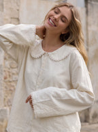 White Lace Trim Linen Pajama Set