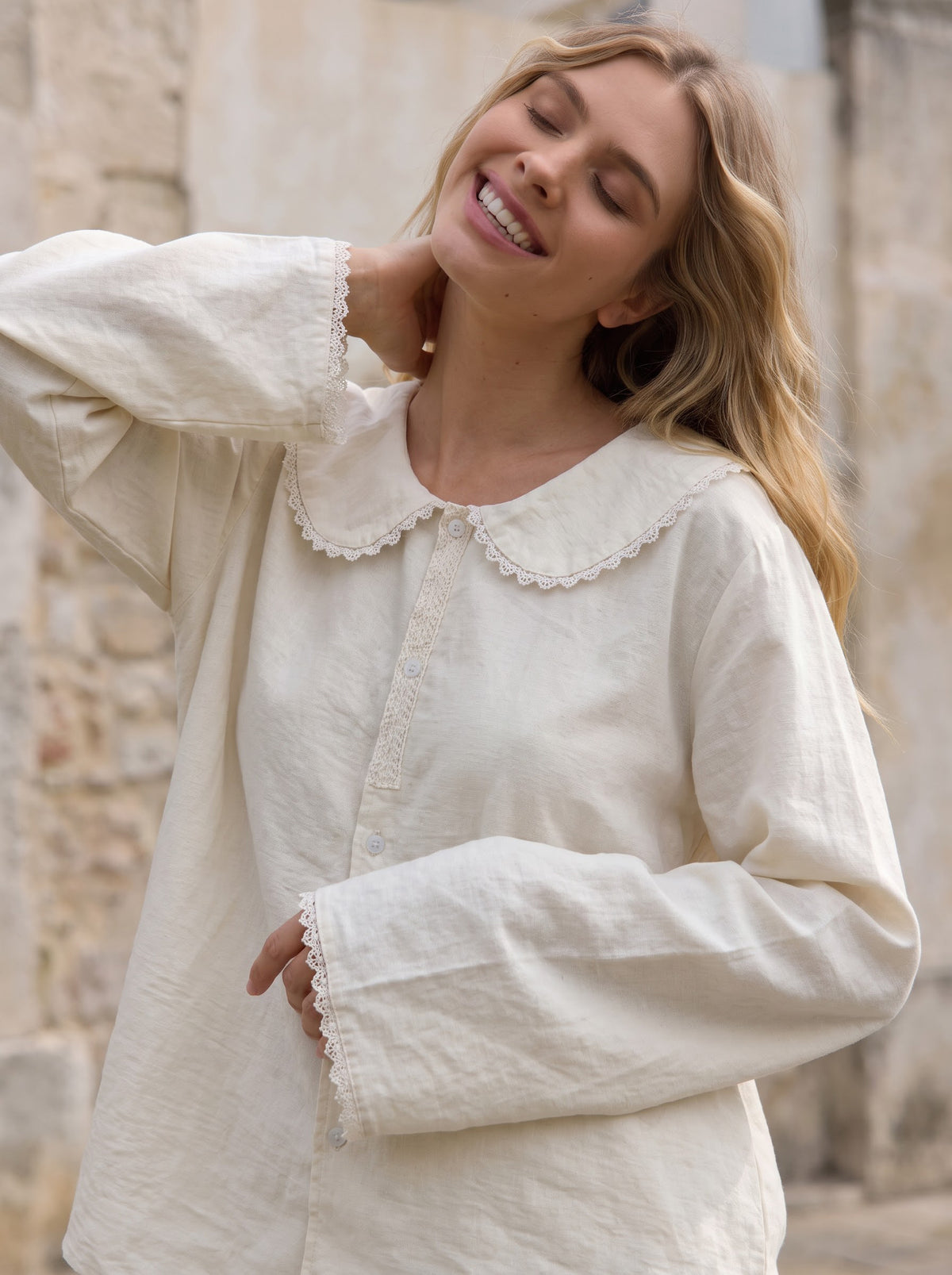 White Lace Trim Linen Pajama Set