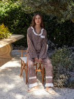 Brown Floral Lace Trim Linen Pajama Set