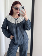 Navy Gingham Lace Collar Pajama Set