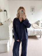 Navy Solid Linen Pajama Set