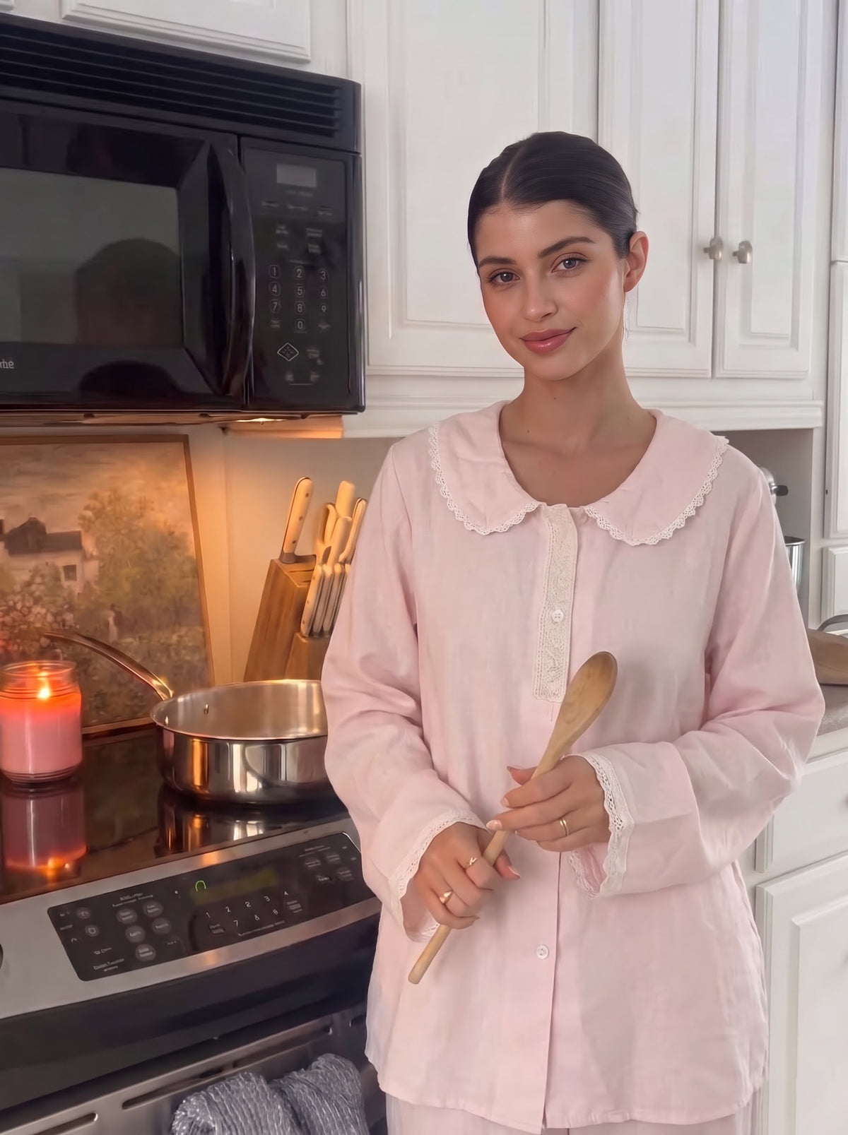 Light Pink Lace Trim Linen Pajama Set