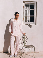 Light Pink Lace Trim Linen Pajama Set