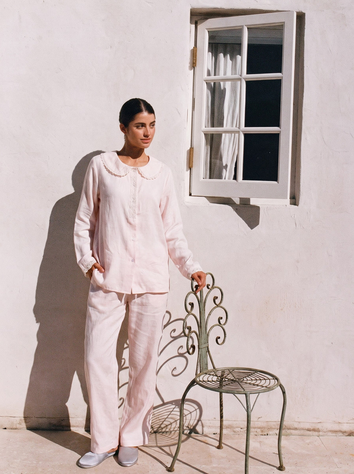 Light Pink Lace Trim Linen Pajama Set