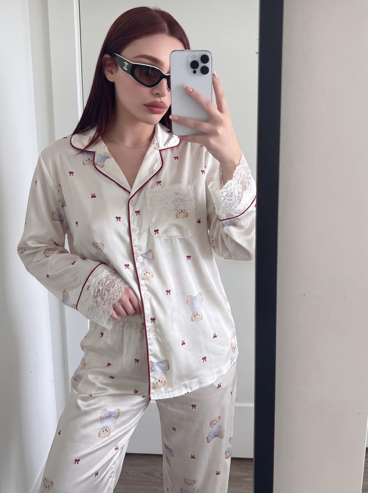 Ivory Lace Trim Silky Pajama Set