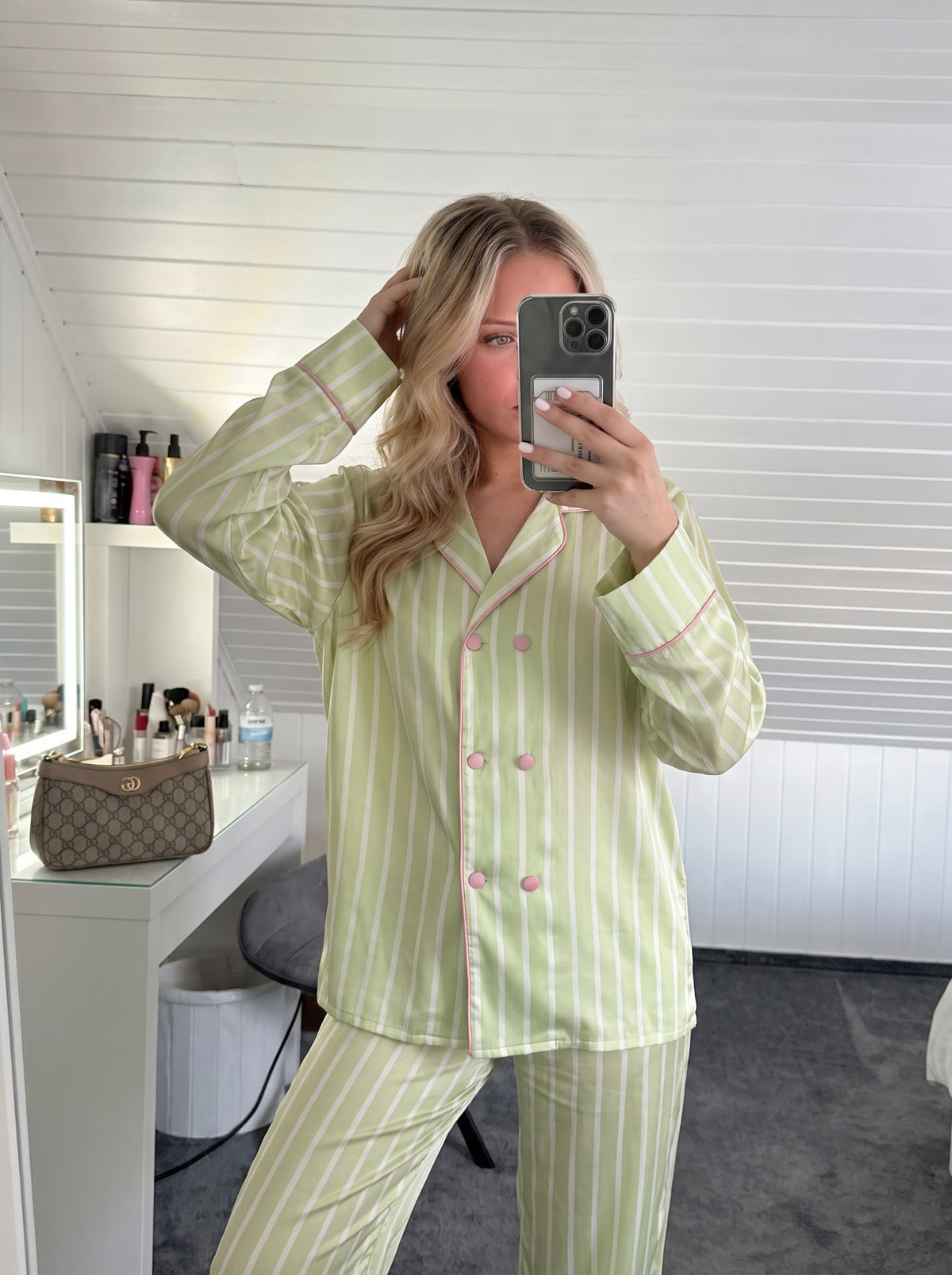Woman wearing the Lime Striped Silky Pajama Set by Morning Lace