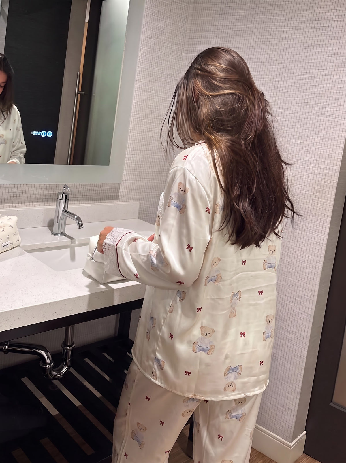 Ivory Lace Trim Silky Pajama Set