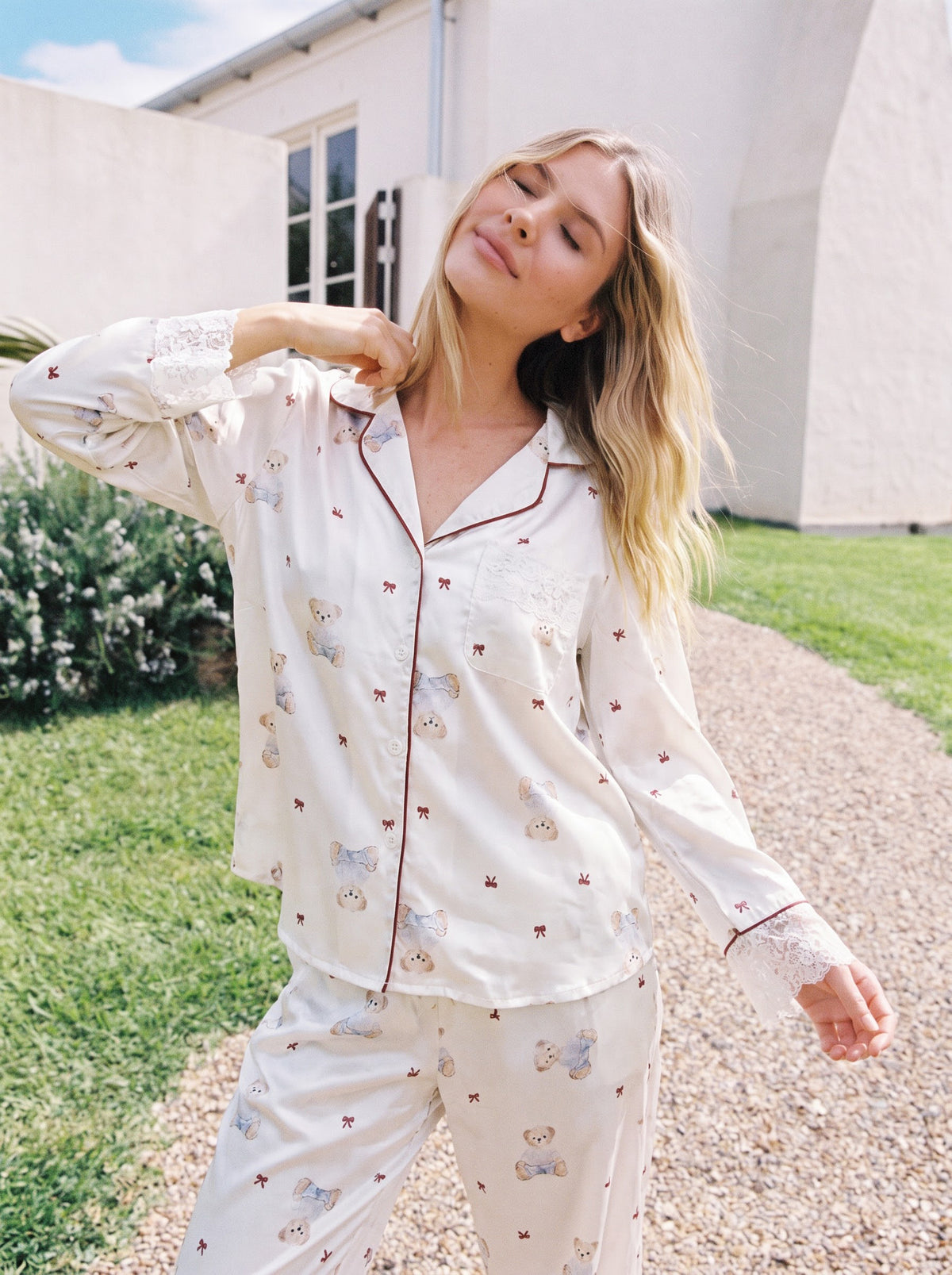 Ivory Lace Trim Silky Pajama Set