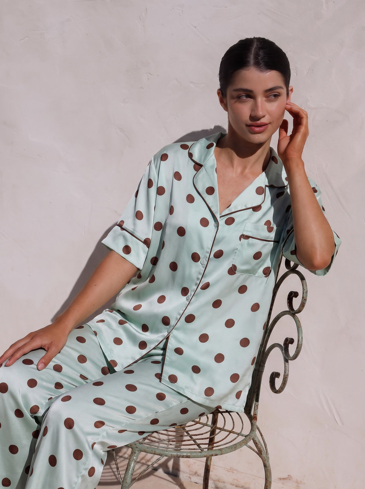Woman wearing the Mint Polka Dot Short Sleeve Silky Pajama Set by Morning Lace
