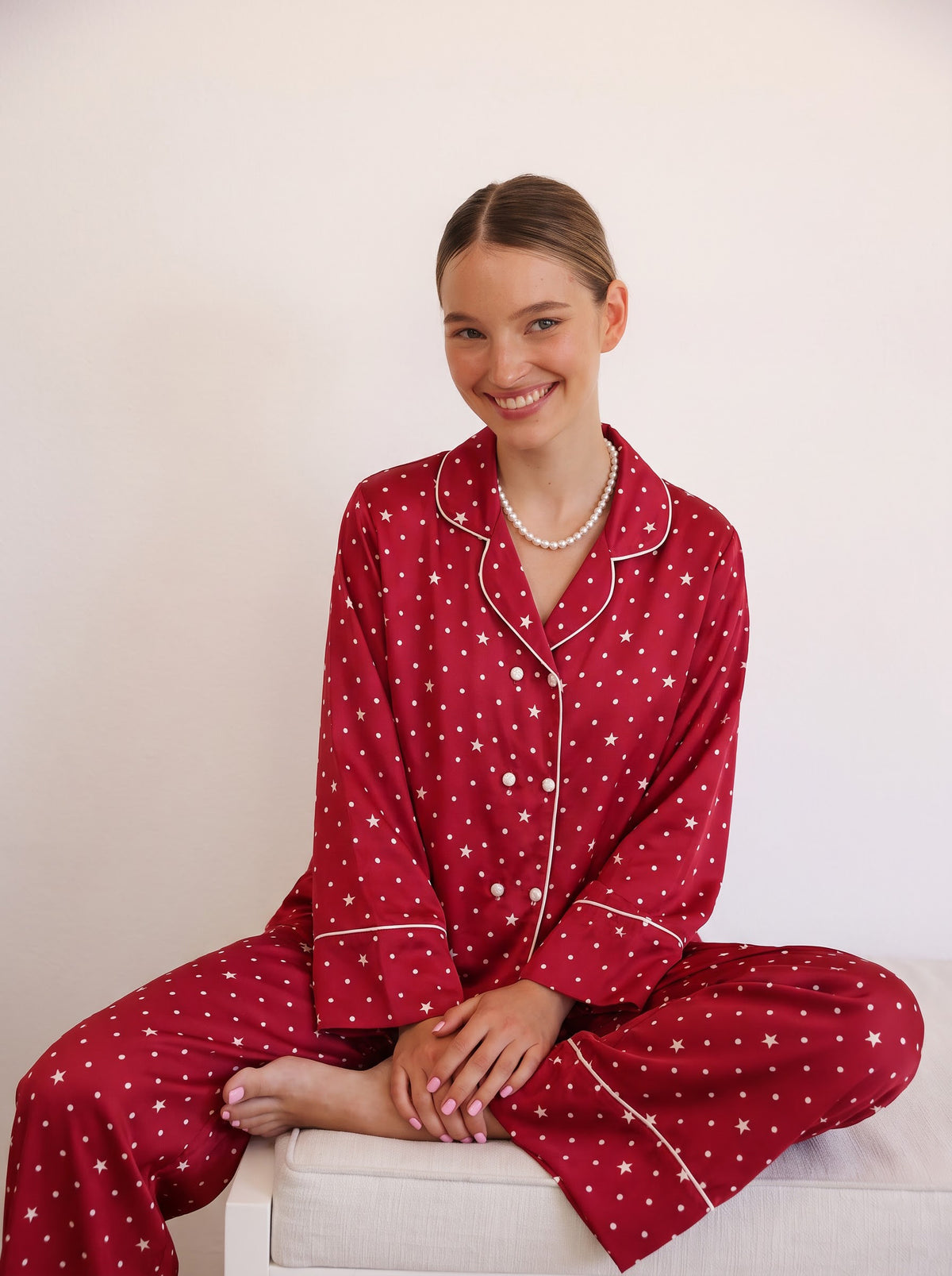 Burgundy Star Print Silky Pajama Set
