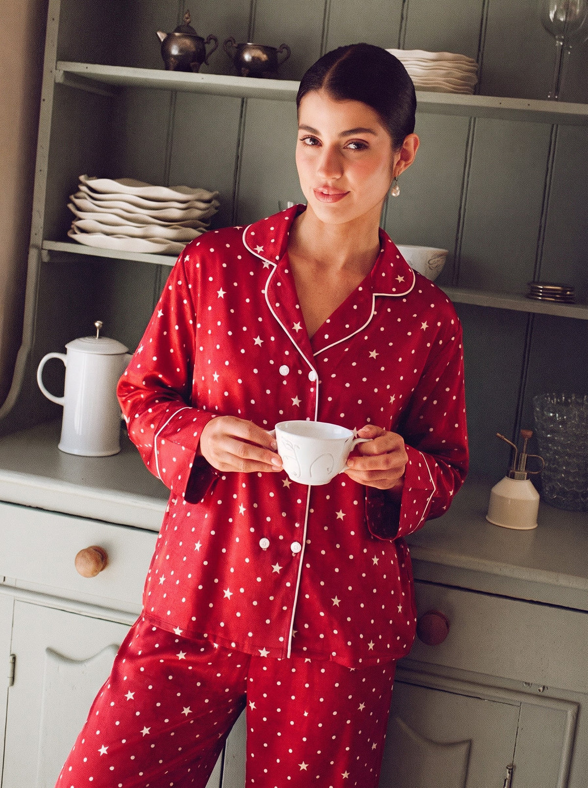 Burgundy Star Print Silky Pajama Set