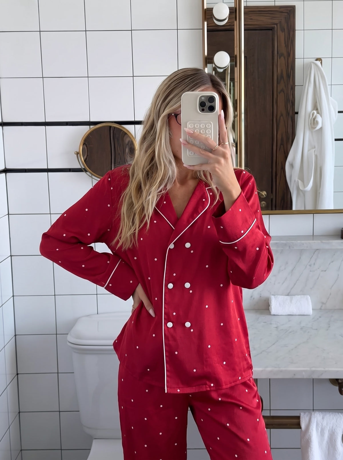 Woman wearing the Red Polka Dot Silky Pajama Set by Morning Lace