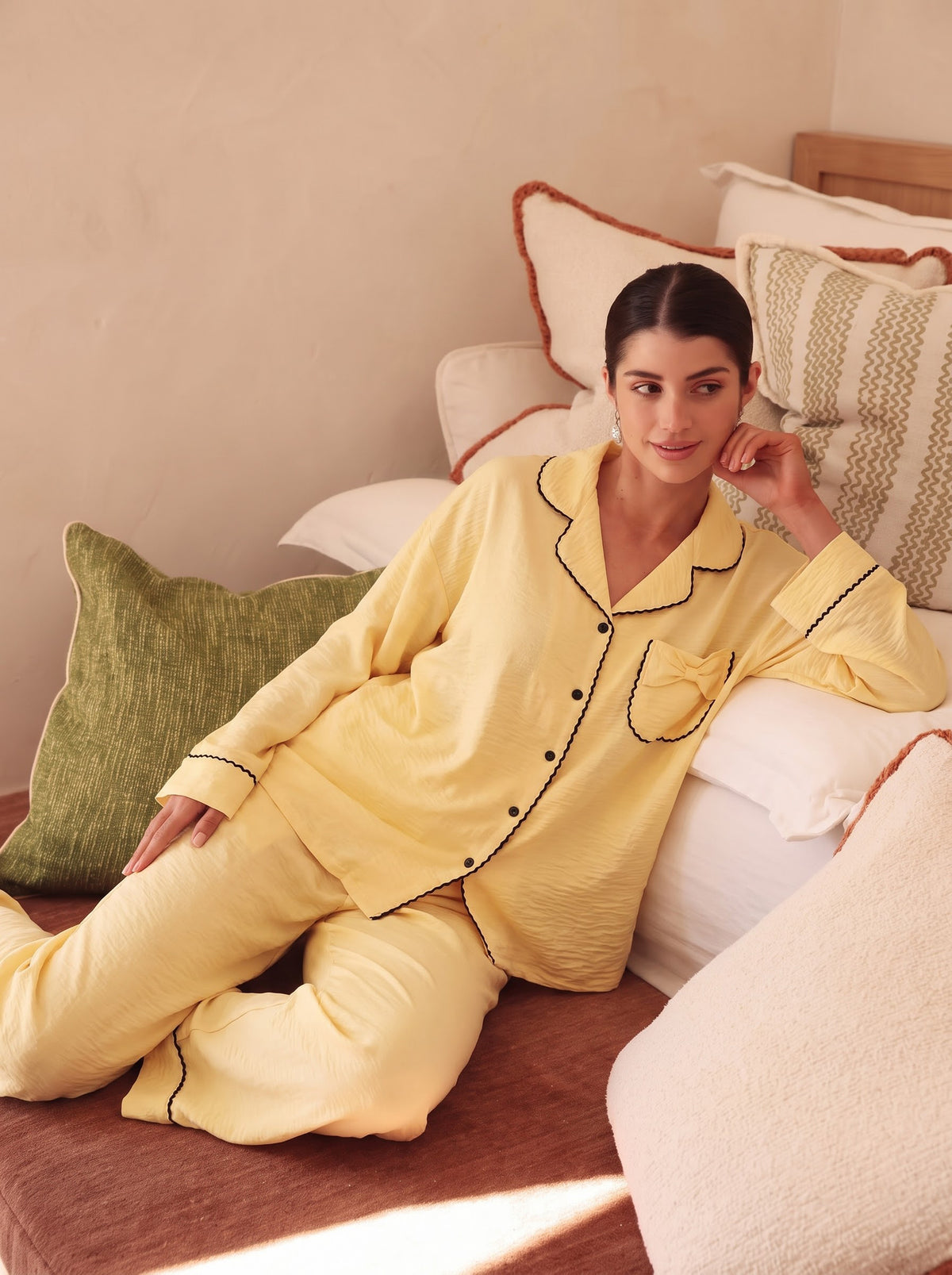 Yellow Solid Linen Pajama Set