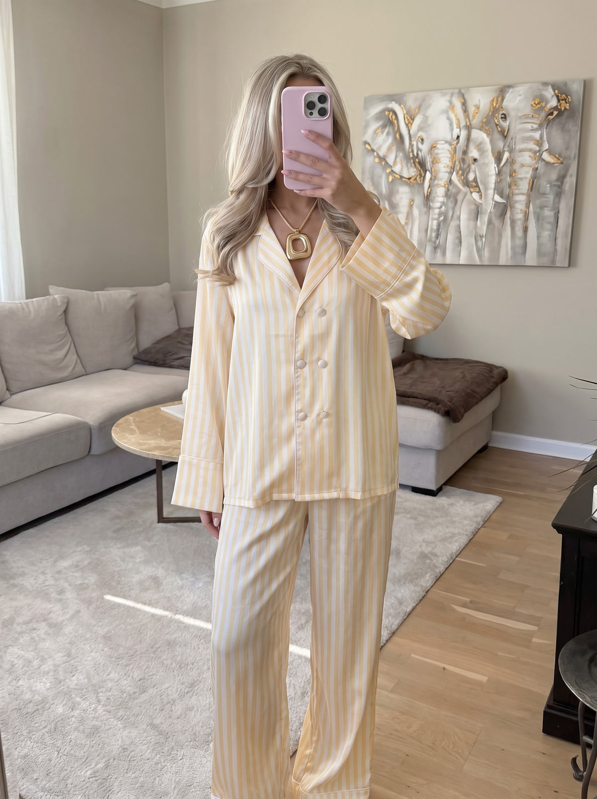 Yellow Striped Long Sleeve Silky Pajama Set