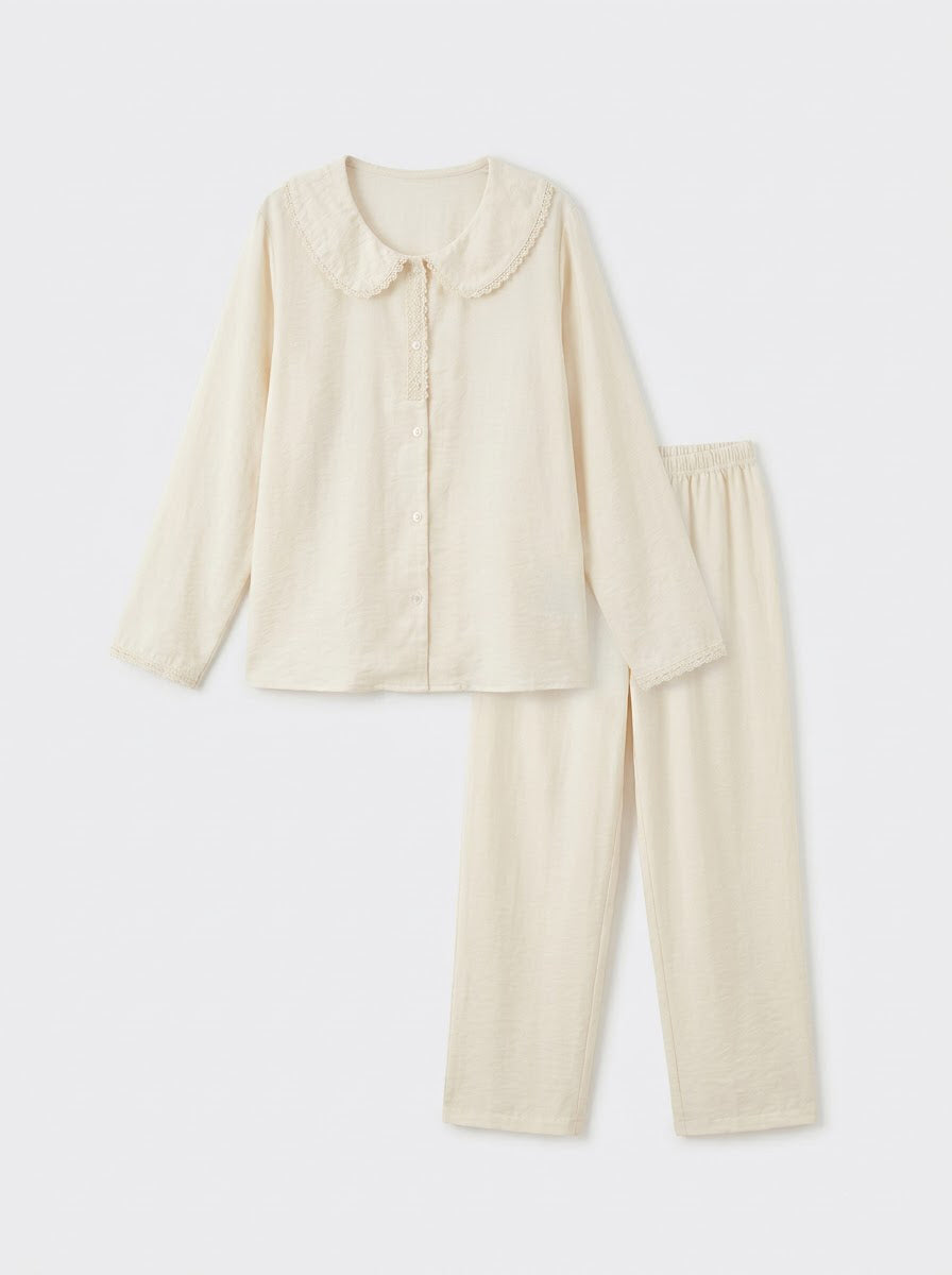 White Lace Trim Linen Pajama Set