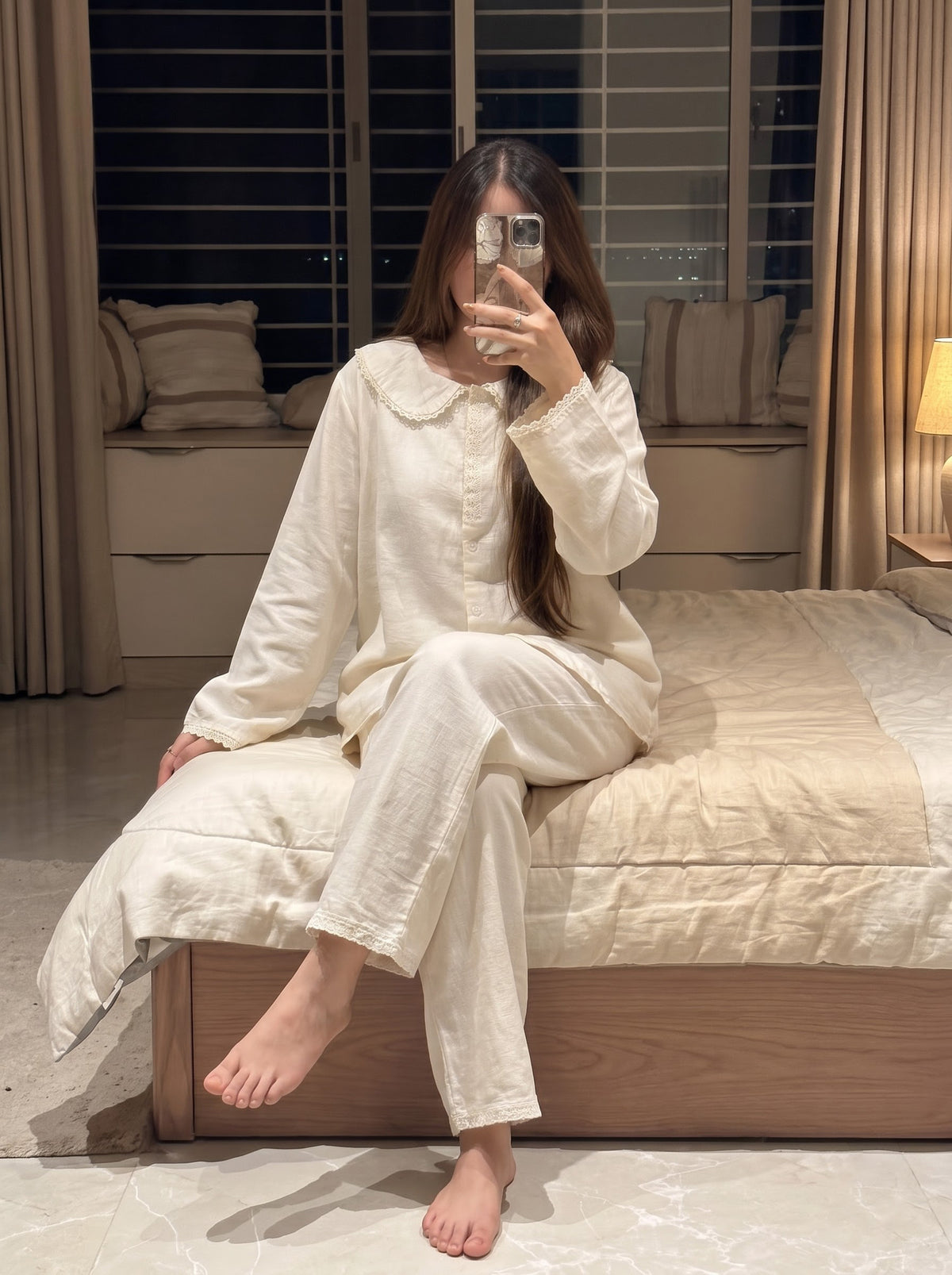 White Lace Trim Linen Pajama Set
