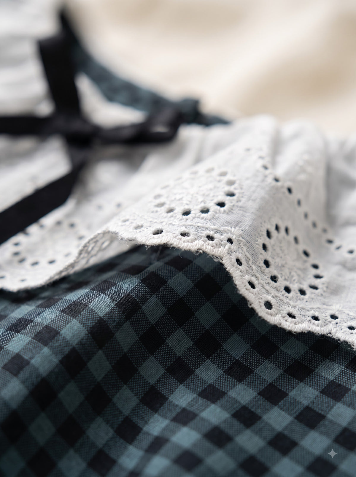 Navy Gingham Lace Collar Pajama Set