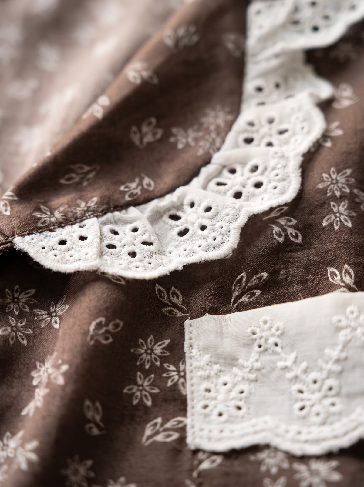 Brown Floral Lace Trim Linen Pajama Set