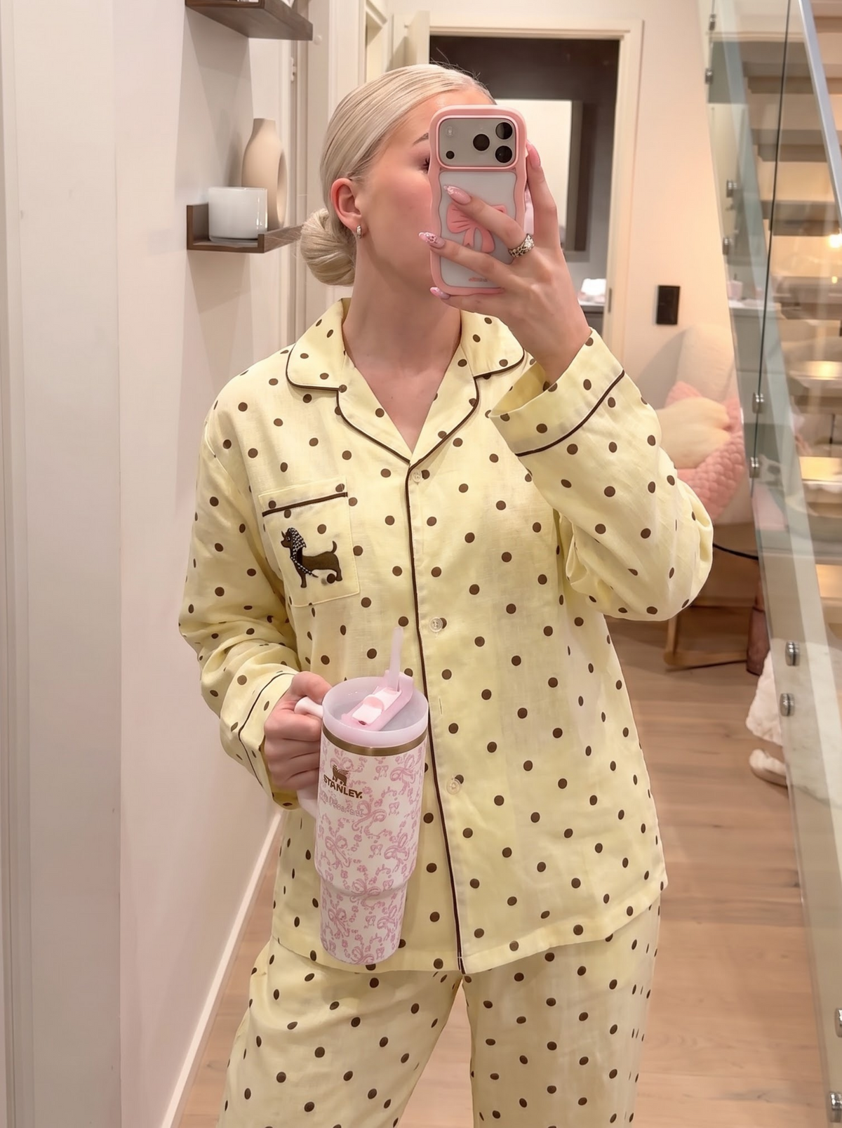Woman wearing the Yellow Polka Dot Dachshund Pajama Set by Morning Lace