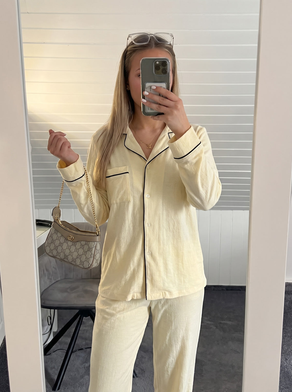 Butter Yellow Piped Linen Pajama Set