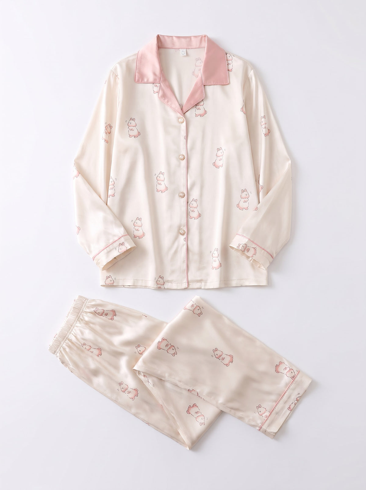 Cream Bunny Print Silky Pajama Set