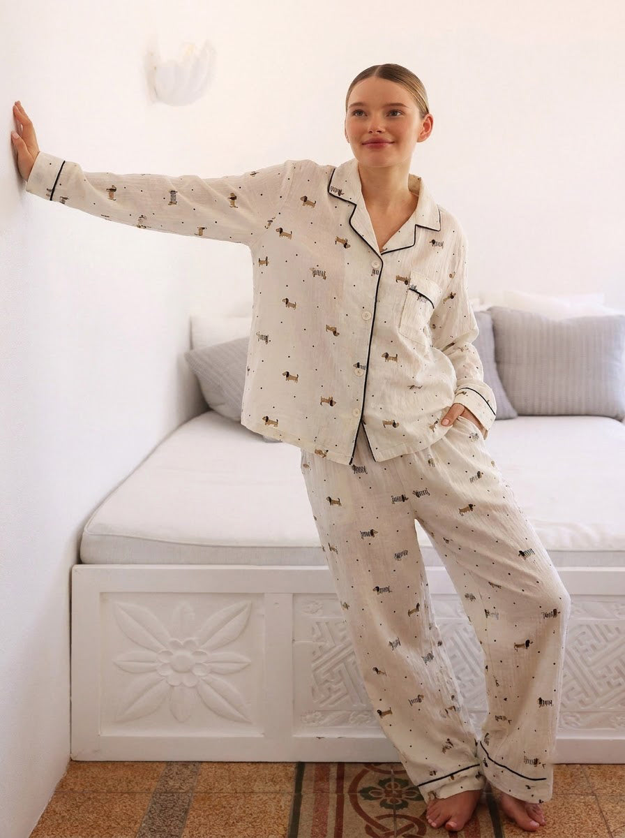 Woman wearing the Ivory Dachshund Print Pajama Set by Morning Lace