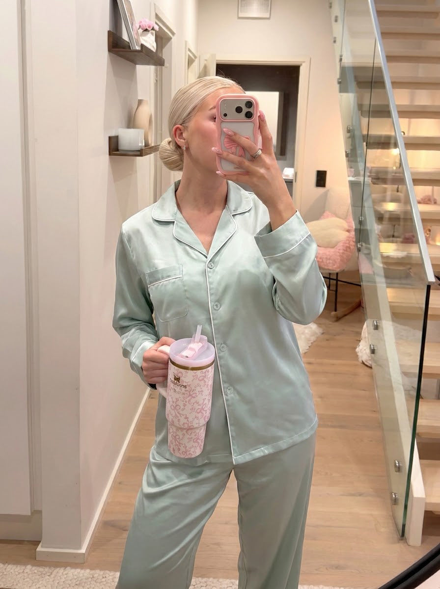 Sage Green Piped Silky Pajama Set