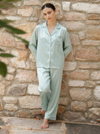 Sage Green Piped Silky Pajama Set